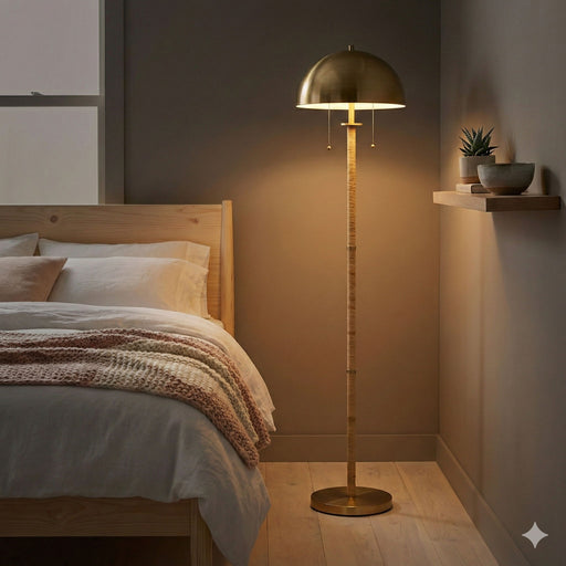 Allure - 2 Light Floor Lamp, Gold, Natural Tube, Double On / Off Pull Chain - Gold / Rattan - R&R Furniture Gallery (Fountain Valley, CA)