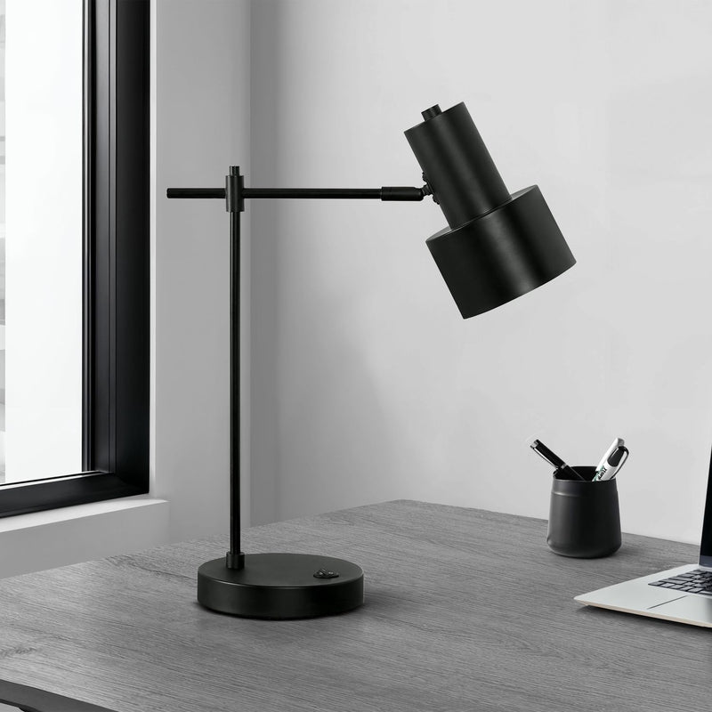 Modern black 8th Street table lamp with USB port, featuring a sleek design and illuminated shade, perfect for bedside or desk use.