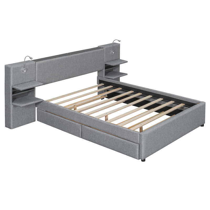 Upholstered Platform Bed With Reading Lights, Drawers, Trundle And Shelves - R&R Furniture Gallery (Fountain Valley, CA)
