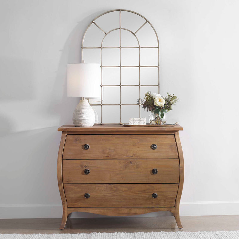 Uttermost Barwell Arch Window Mirror in Pearl Silver with a decorative arched frame, wall-mounted design, stylish home decor piece.