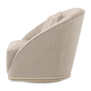 Michael Amini La Rachelle swivel chair with plush upholstery and elegant design, featuring a rounded back and wooden legs.