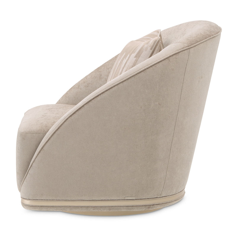 Michael Amini La Rachelle swivel chair with plush upholstery and elegant design, featuring a rounded back and wooden legs.