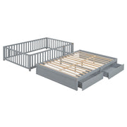 DreamHaus storage daybed with fence guardrails, two drawers, and split into a floor bed and daybed for versatile sleeping options.