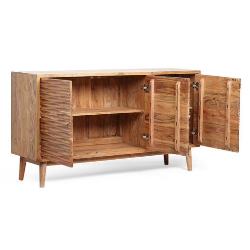 Boho handcrafted Noble House sideboard with three doors, carved textured design and natural artisanal charm.