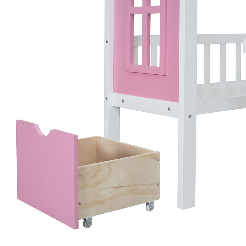 DreamHaus twin over twin bunk bed with changeable table, featuring upper bed and down desk for versatile space saving.