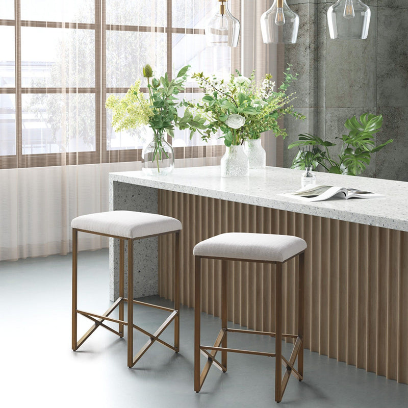 Backless Upholstered Counter Stool With Padded Seat - Ivory / Bronze - R&R Furniture Gallery (Fountain Valley, CA)