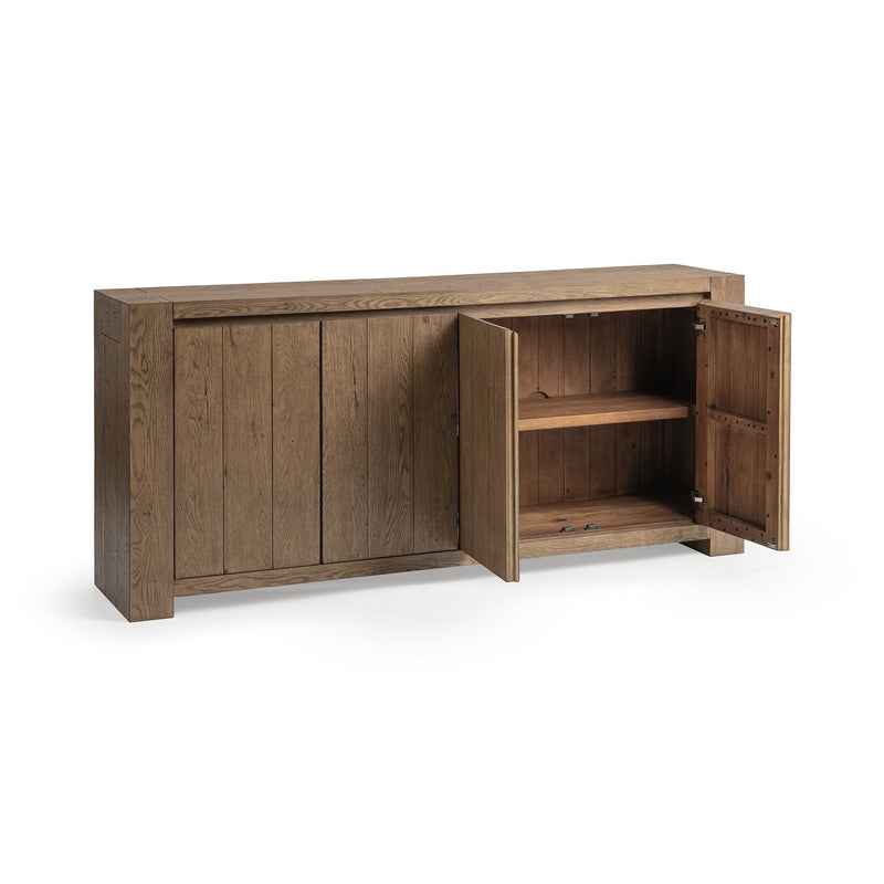 Classic Home Bristol 4-door buffet cabinet with wood finish and sleek design, showcasing storage compartments and elegant hardware.