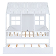DreamHaus house bed with twin size trundle and daybed, featuring a cozy wooden frame and built-in storage drawers.