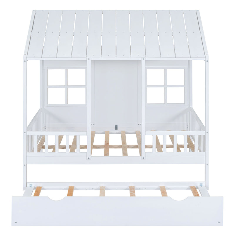 DreamHaus house bed with twin size trundle and daybed, featuring a cozy wooden frame and built-in storage drawers.