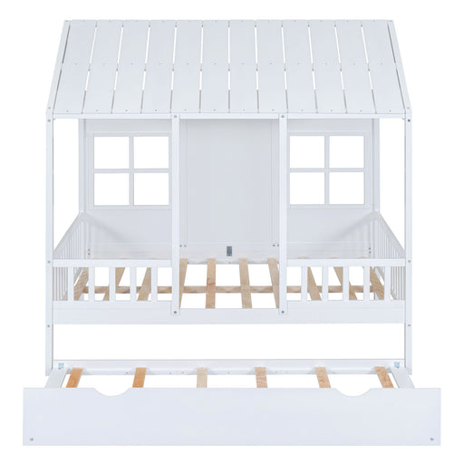 DreamHaus house bed with twin size trundle and daybed, featuring a cozy wooden frame and built-in storage drawers.