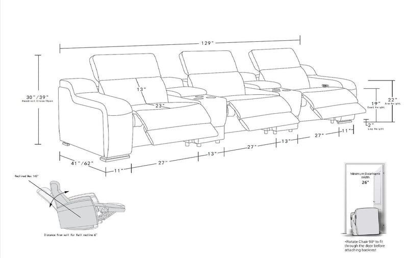 1116 - 5-Piece Modular Power Reclining Sofa In With 3 Power Recliners & Power Headrests