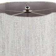 Lumi Source Lily contemporary table lamp with polished nickel base and gray fabric shade, modern accent lighting.