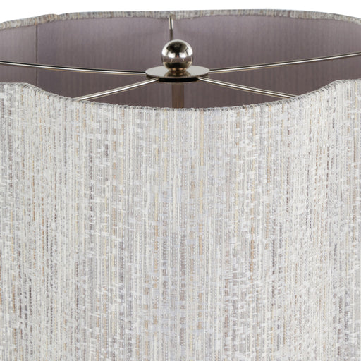 Lumi Source Lily contemporary table lamp with polished nickel base and gray fabric shade, modern accent lighting.