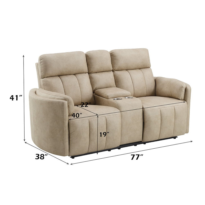 Elison - Motion Loveseat With Console - Dark Beige Polish Microfiber - R&R Furniture Gallery (Fountain Valley, CA)