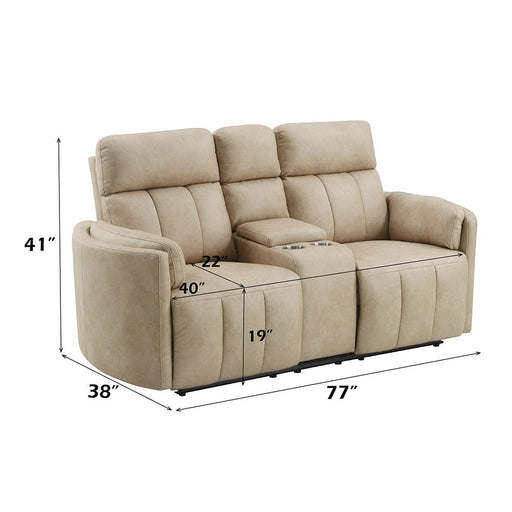 Elison - Motion Loveseat With Console - Dark Beige Polish Microfiber - R&R Furniture Gallery (Fountain Valley, CA)