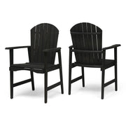 Set of two Noble House outdoor weather-resistant acacia wood Adirondack dining chairs with wide armrests and slatted backrests.