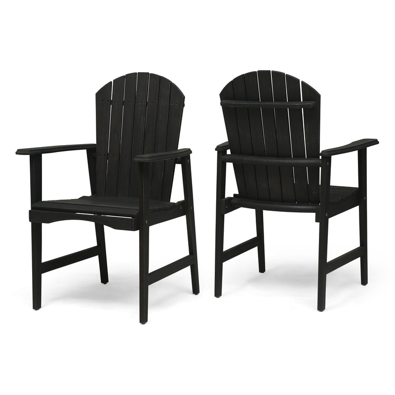 Set of two Noble House outdoor weather-resistant acacia wood Adirondack dining chairs with wide armrests and slatted backrests.