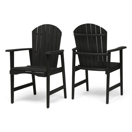 Set of two Noble House outdoor weather-resistant acacia wood Adirondack dining chairs with wide armrests and slatted backrests.