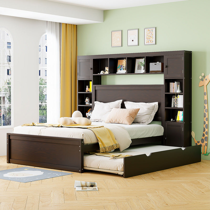 DreamHaus bed with all-in-one cabinet, shelf, and sockets, twin long trundle, showcasing modern cabinet bed design and storage features.