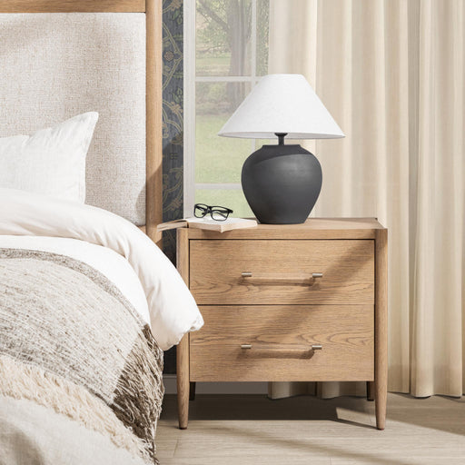Classic Home Alisen 2 Drawer Napa Grove accent nightstand with wood finish and modern design, showcasing the drawers and smooth surface.