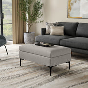 Simpli-Home Rebecca multifunctional coffee table storage ottoman with lift-up lid and soft fabric upholstery.