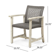 Pair of Noble House outdoor dining chairs with acacia wood frames, featuring armrests and slatted seats for patio comfort.