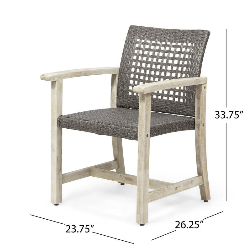 Pair of Noble House outdoor dining chairs with acacia wood frames, featuring armrests and slatted seats for patio comfort.
