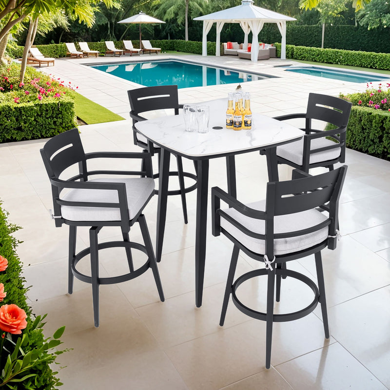 Modern Outdoor Patio Bar Set, Rounded Square Table & Bar Chairs, Non Rust Frame, Tapered Legs, Sunbrella Cushion - R&R Furniture Gallery (Fountain Valley, CA)