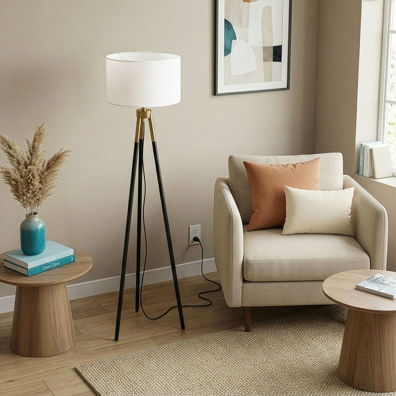 Sway - Floor Lamp With On / Off Switch Triple Legs Shade - Black / Gold / White - R&R Furniture Gallery (Fountain Valley, CA)