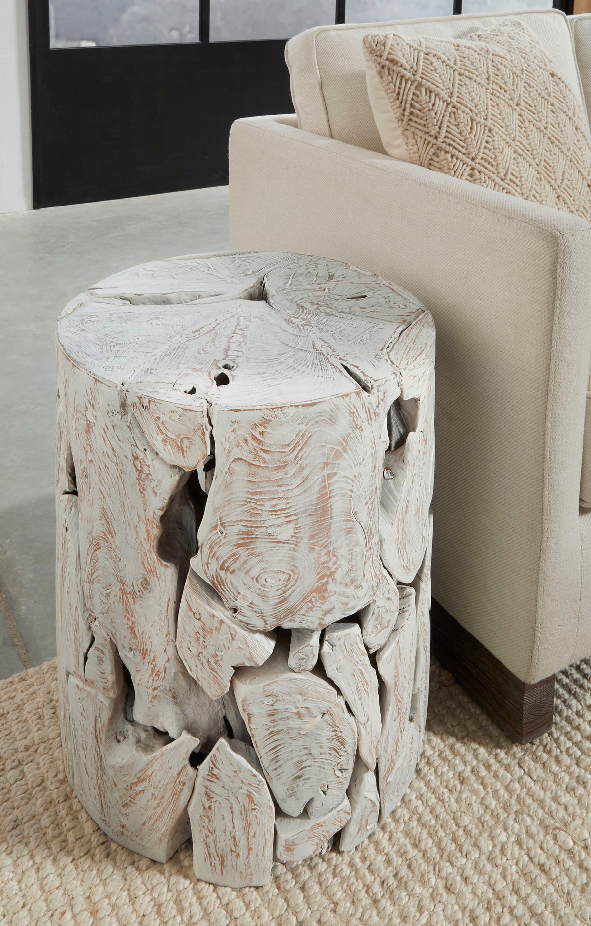 One Teak Slice Round End Table in Bleached Teak