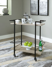 Signature Design by Ashley Waylowe bar cart with metal frame and wooden shelves, featuring wheels and storage for drinks and accessories.