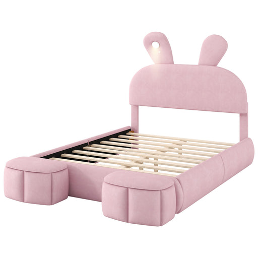 Full Upholstered Platform Bed With Cartoon Ears Headboard And LED Light - Pink - R&R Furniture Gallery (Fountain Valley, CA)