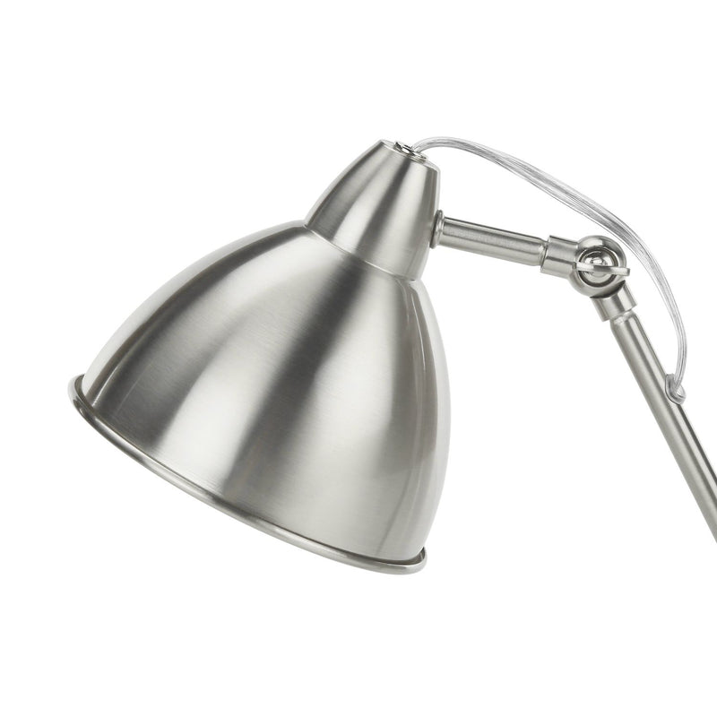 Modern 8th Street nickel metal table lamp with silver shade and built-in USB port for convenient charging.