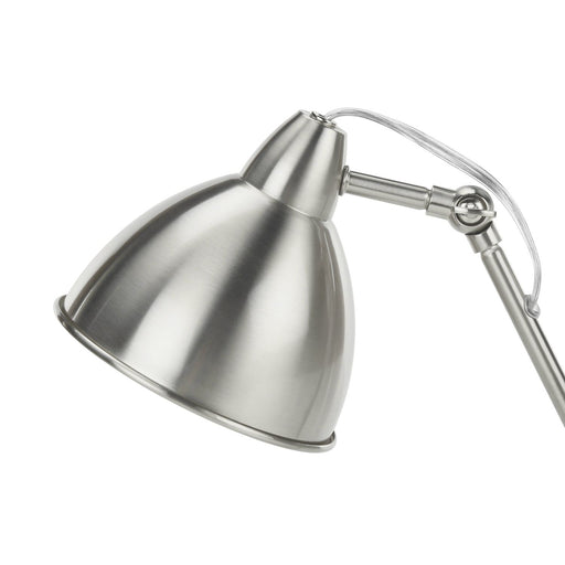Modern 8th Street nickel metal table lamp with silver shade and built-in USB port for convenient charging.
