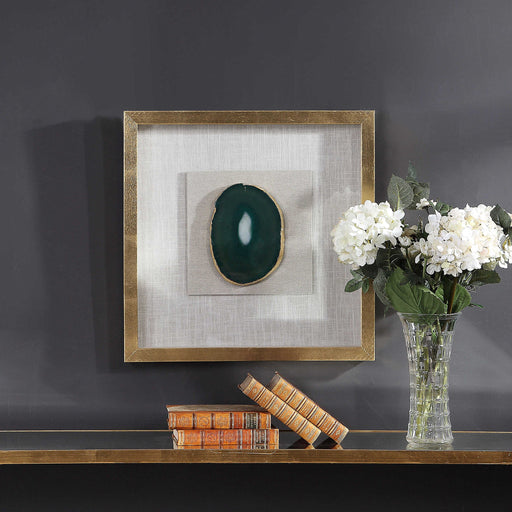 Keeva Agate Stone Shadow Box wall decor by Uttermost featuring a gold finish and natural agate stone design.