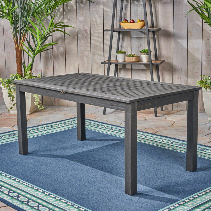 Outdoor expandable dining table with square legs by Noble House, featuring a sleek wooden surface for outdoor dining.