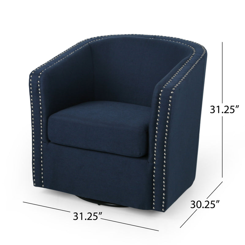 Modern upholstered Noble House swivel club chair with nailhead trim, showcasing a plush seat, curved back, and decorative nailhead accents.