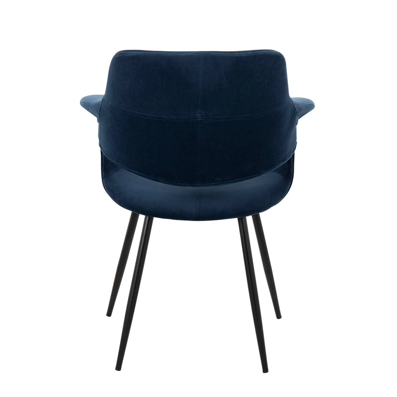 Set of two Lumi Source vintage flair art deco accent chairs with black metal legs, upholstered in blue or cream fabric.