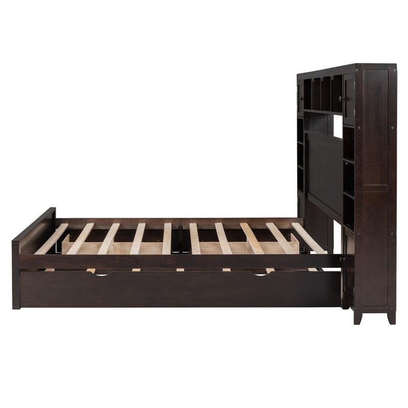 DreamHaus cabinet bed with built-in shelf, sockets, and twin long trundle, featuring a sleek design and convenient storage.