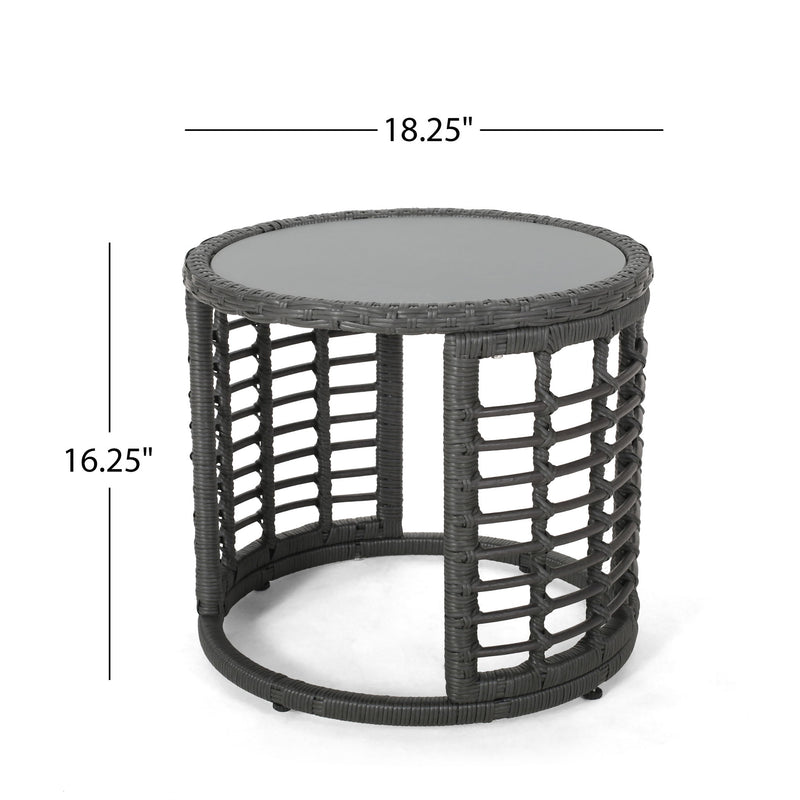 Achill - Outdoor Modern Boho Wicker Side Table With Glass Top - Gray - R&R Furniture Gallery (Fountain Valley, CA)