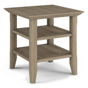 Handcrafted Acadian end table by Simpli-Home featuring a wooden surface and sturdy legs in a cozy living room setting.