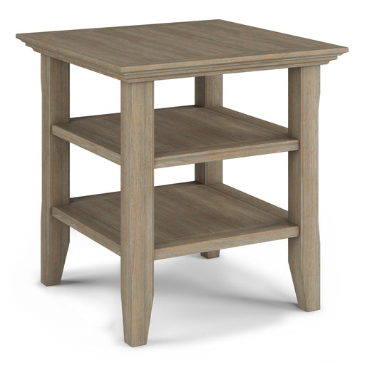 Handcrafted Acadian end table by Simpli-Home featuring a wooden surface and sturdy legs in a cozy living room setting.