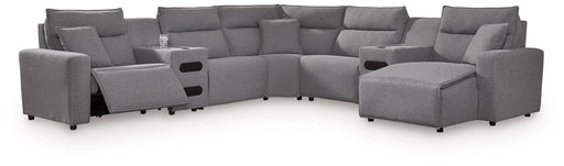 Signature Design by Ashley Modmax II reclining sectional in salt and pepper fabric, featuring plush cushions and modern design.