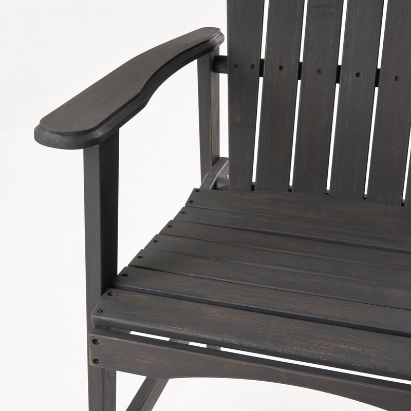 Pair of Noble House outdoor weather-resistant acacia wood Adirondack dining chairs set on a patio.