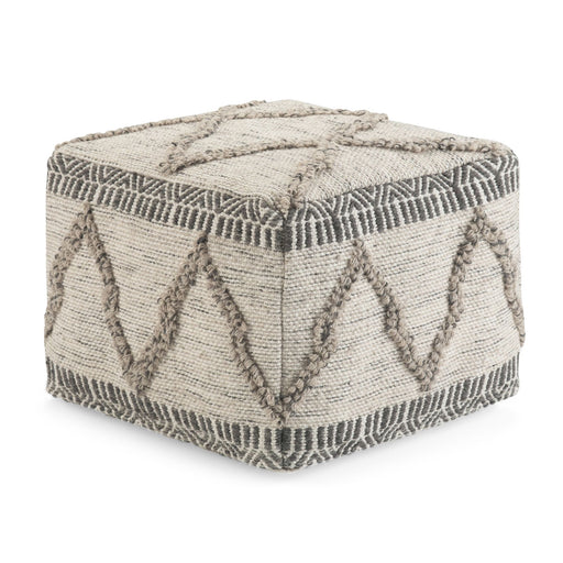 Simpli-Home Sweeney upholstered square accent pouf with soft fabric and modern design, perfect for living room or bedroom seating.