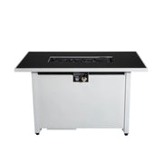 White outdoor 43-inch rectangular fire pit table with adjustable flame control by LSI Patio Furniture, perfect for outdoor gatherings.