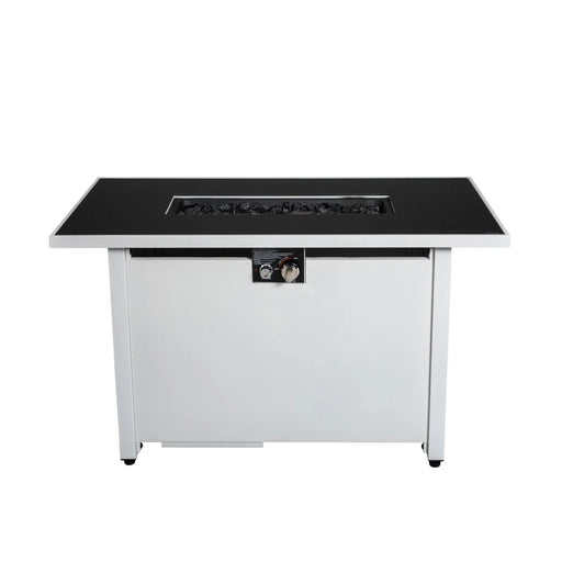 White outdoor 43-inch rectangular fire pit table with adjustable flame control by LSI Patio Furniture, perfect for outdoor gatherings.