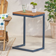 Noble House C-shaped end table with iron base and fir wood top, perfect as a chair side table in modern living spaces.
