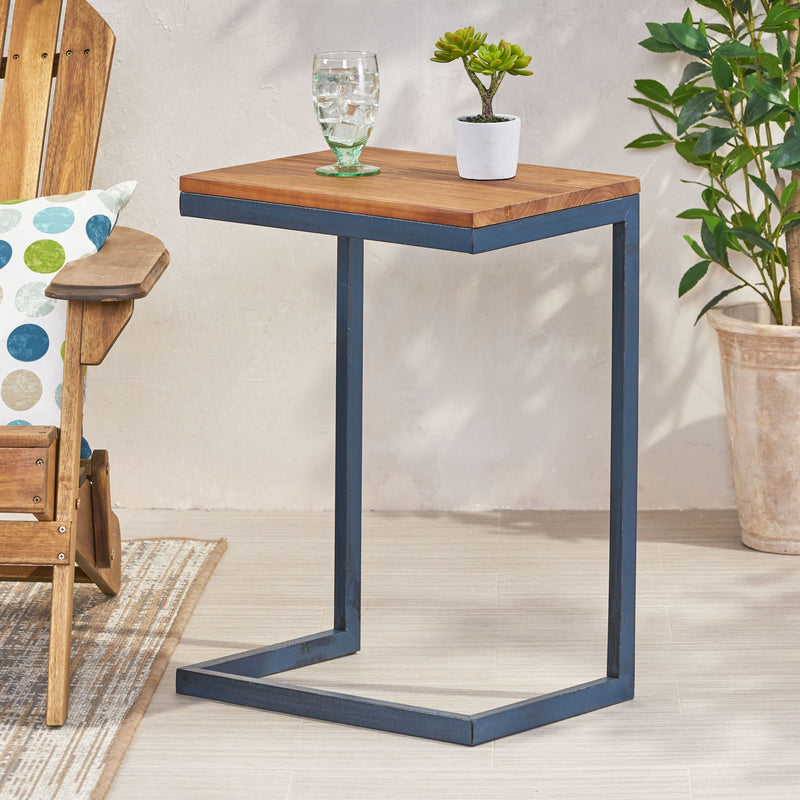 Noble House C-shaped end table with iron base and fir wood top, perfect as a chair side table in modern living spaces.