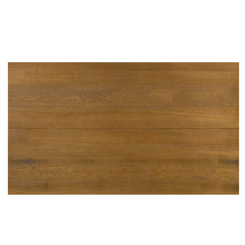 Brown farmhouse style dining table with X-shaped legs and molded details by Noble House, showcasing a sturdy wooden design.
